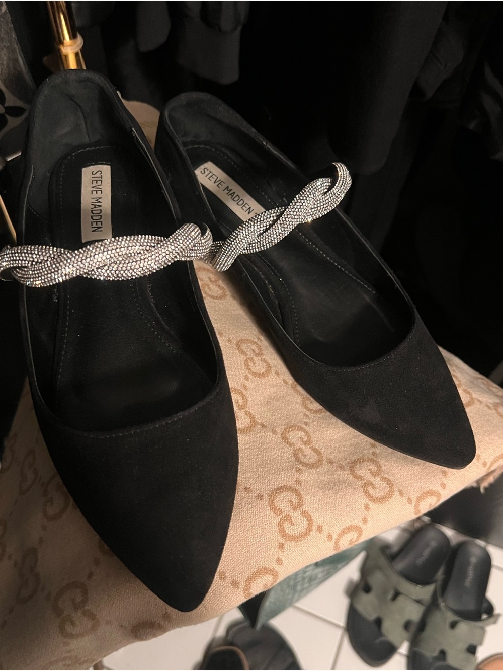 Steve Madden Black Suede Pointed Flats with Rhinestone Twist Strap